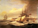 Head Paintings - Naval ships setting sail with a revenue cutter off Berry Head, Torbay by Thomas Luny